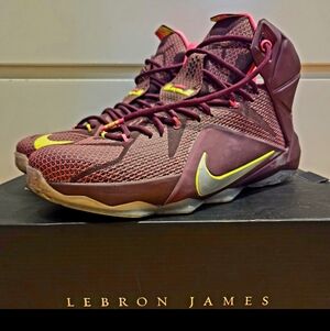 Nike LeBron XII Double Helix Shoes - Merlot/Volt/Pink Pow/Metallic Silver (12)